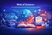 كرة أرضية ومجهر وكتب ترمز إلى البحث عبر Web of Science