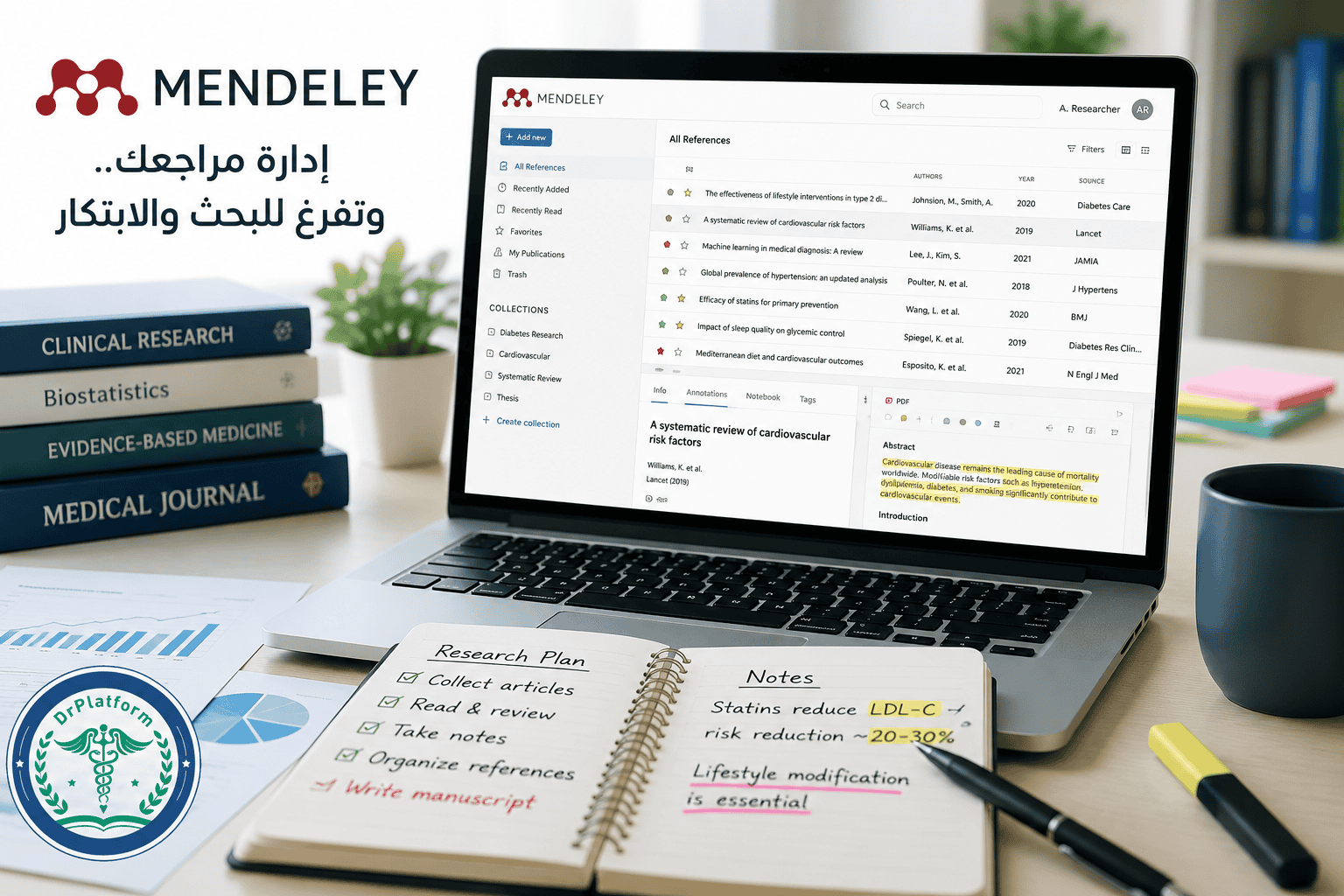 Mendeley branding with Arabic slogan on a desk; a laptop displays a research reference manager, with stacked books, a plant, a notebook, and a DrPlatform badge.