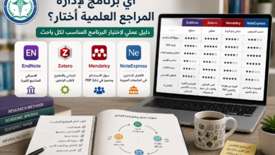 Arabic infographic comparing EndNote, Zotero, Mendeley, and NoteExpress with icons and a laptop showing a comparison table on a desk
