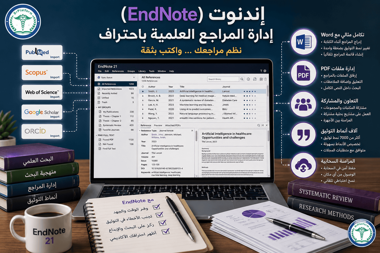 برنامج إندنوت (EndNote) لإدارة المراجع العلمية وتنظيم الاقتباسات في الأبحاث العلمية.