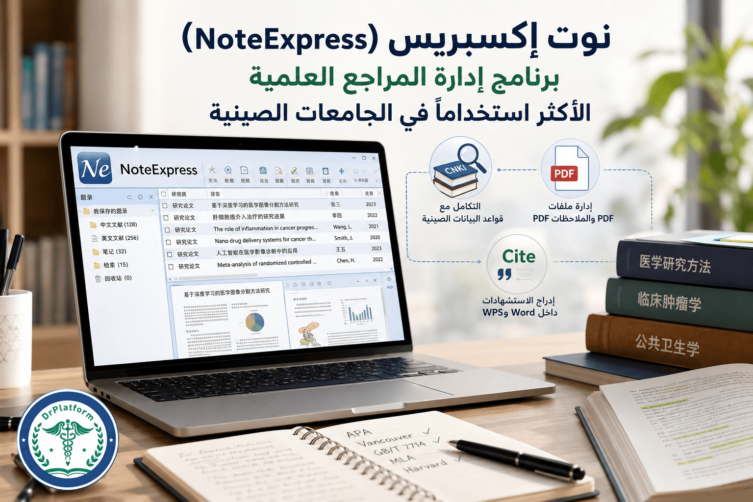 واجهة برنامج نوت إكسبريس (NoteExpress) لإدارة المراجع العلمية والتكامل مع قواعد البيانات الصينية وإدراج الاستشهادات في Word وWPS