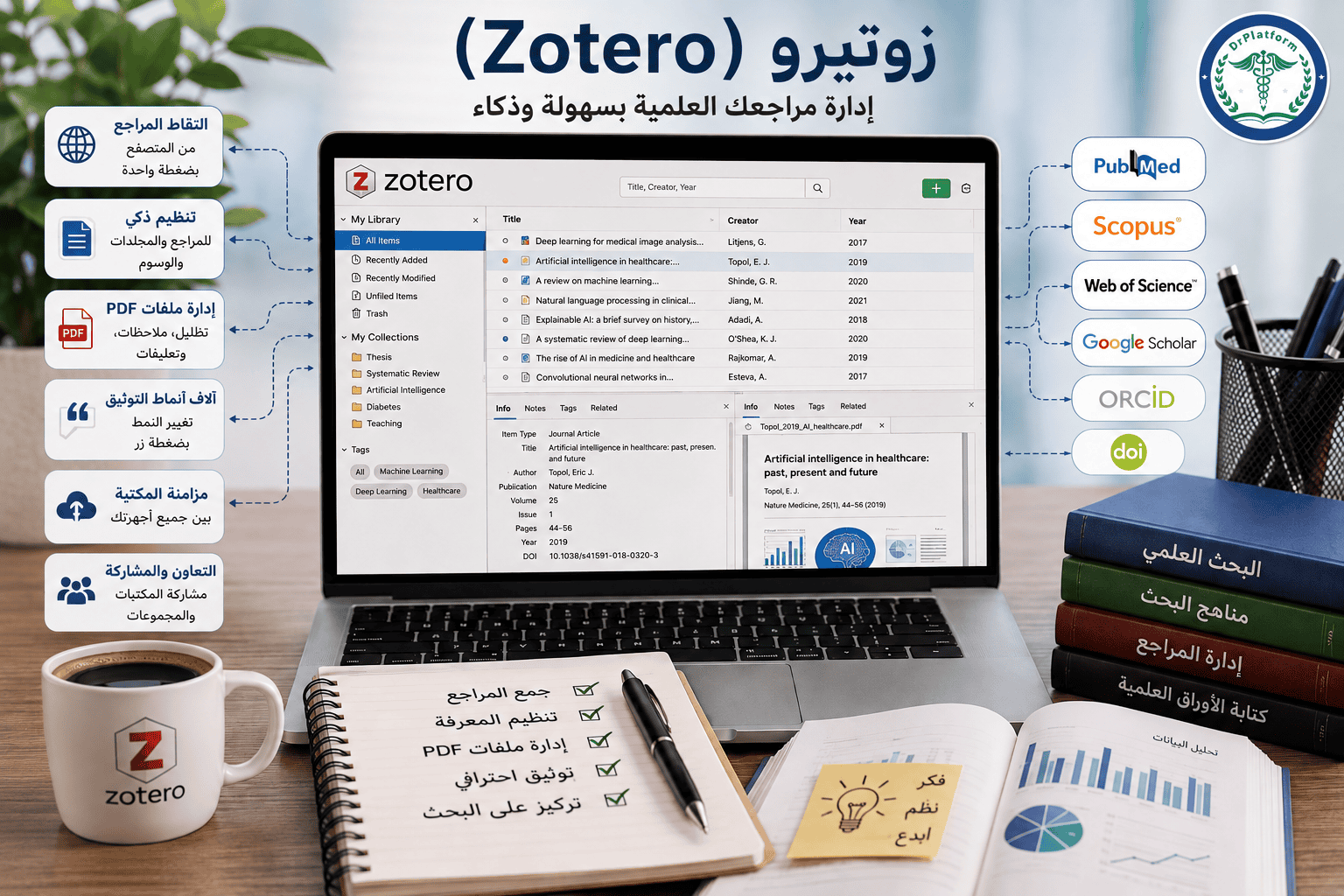 واجهة منصة دكتور مع أدوات البحث العلمي ومكتبة المصادر.