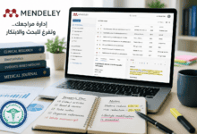 Mendeley branding with Arabic slogan on a desk; a laptop displays a research reference manager, with stacked books, a plant, a notebook, and a DrPlatform badge.
