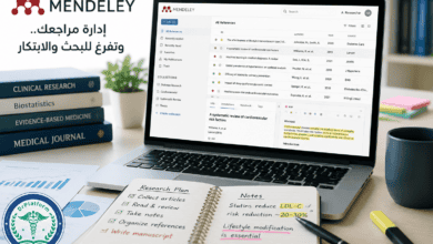 Mendeley branding with Arabic slogan on a desk; a laptop displays a research reference manager, with stacked books, a plant, a notebook, and a DrPlatform badge.