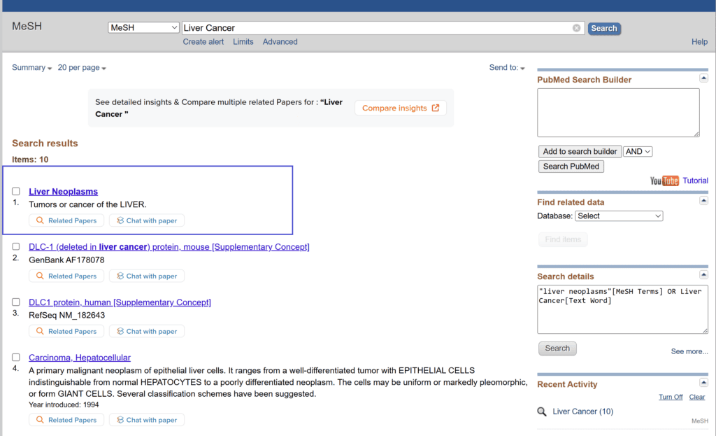 البحث عن أول مصطلح طبي باستخدام قاعدة بيانات MeSH في موقع ببمد (PubMed) 