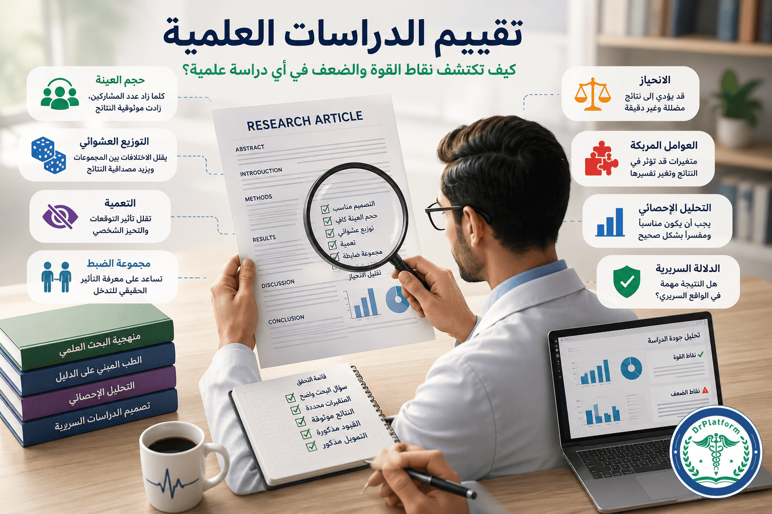 صورة تعبيرية تجسد عملية تقييم جودة الدراسات العلمية، مع التركيز على تحليل المنهجية، والانحياز، وحجم العينة، وقوة الأدلة قبل الاعتماد على نتائج البحث