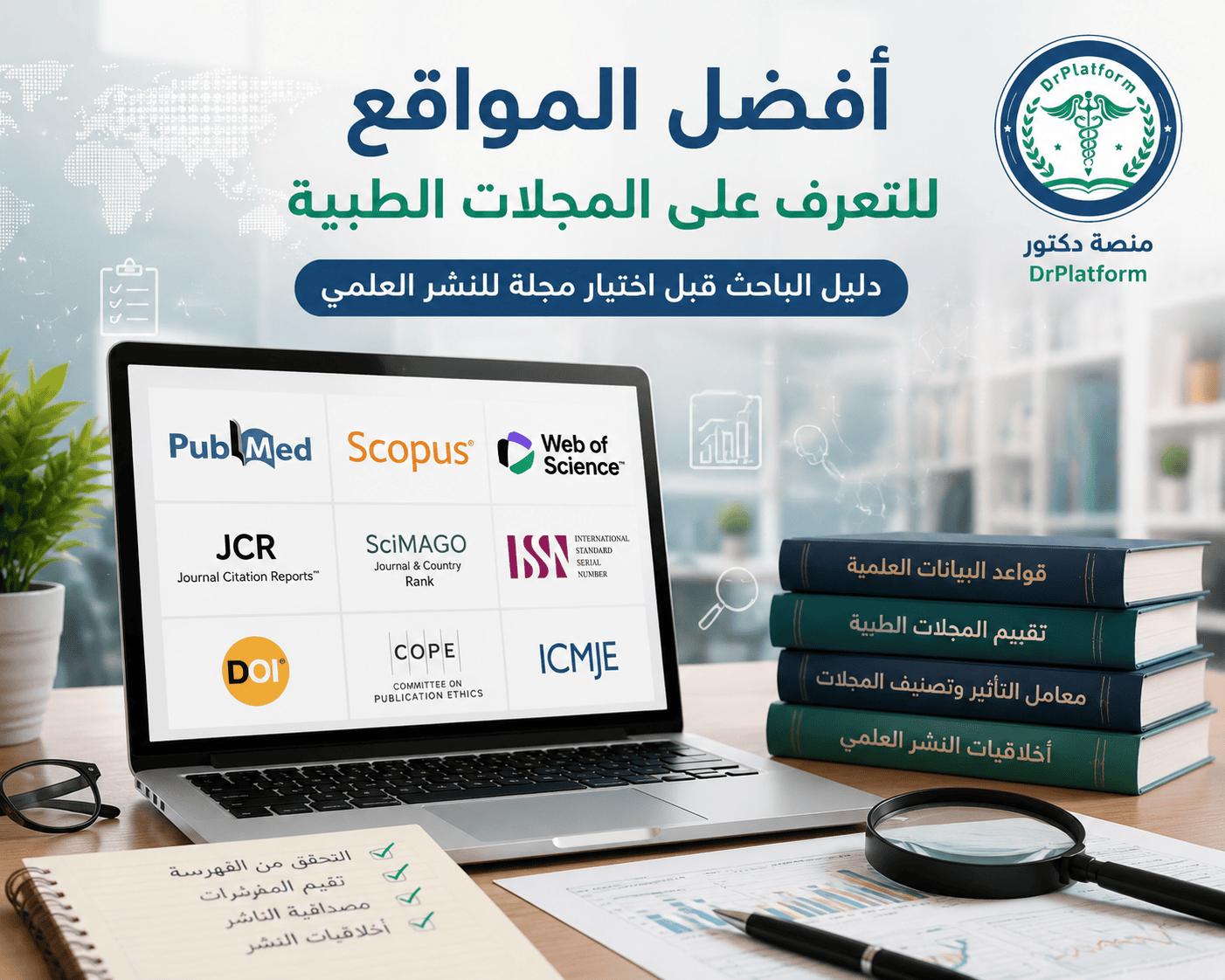Arabic poster about best sites to identify medical journals; laptop screen shows PubMed, Scopus, Web of Science logos.