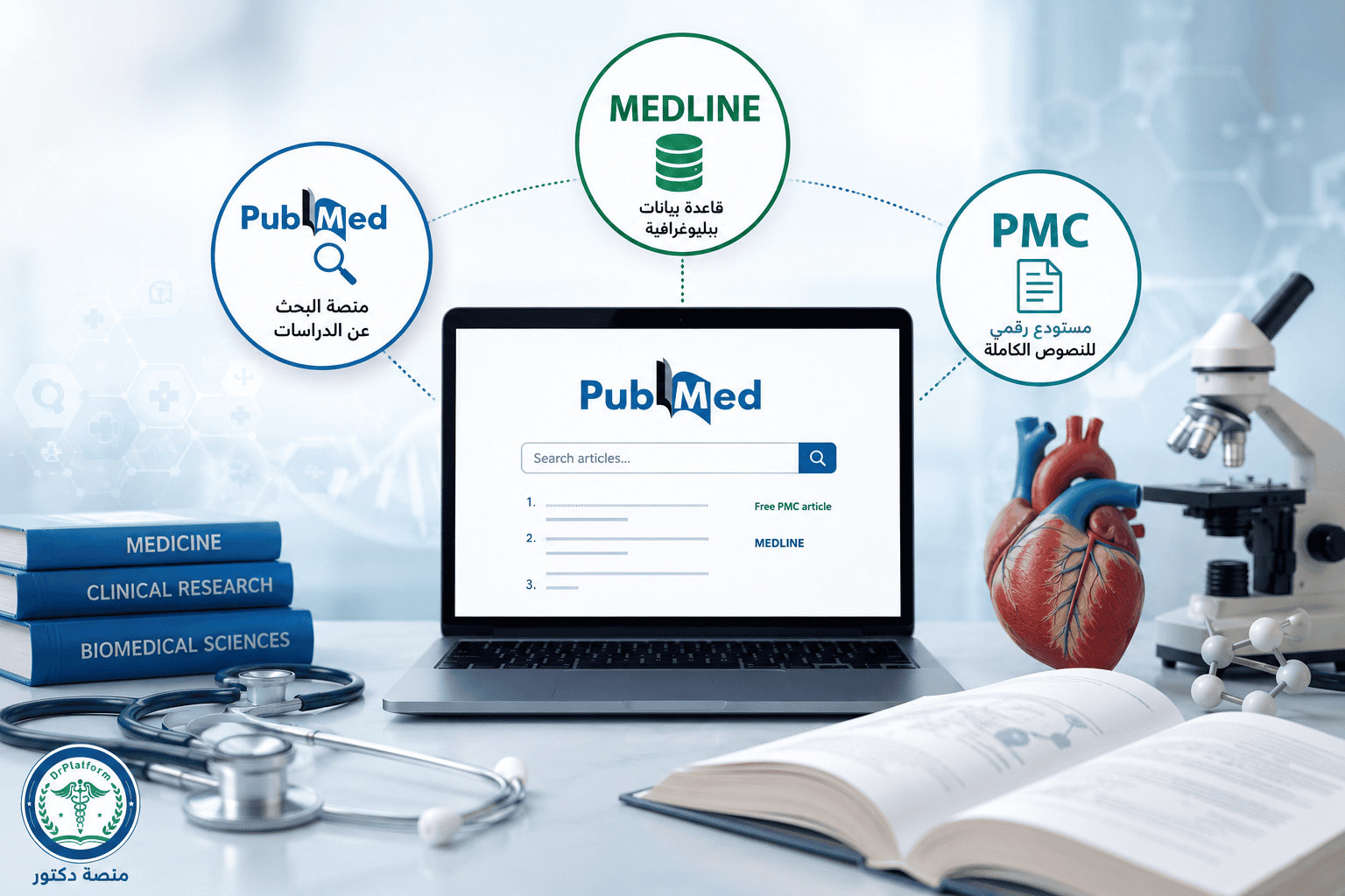 Laptop displays PubMed search; MEDLINE and PMC icons float above, with stethoscope, books, and a heart model nearby in a lab scene.