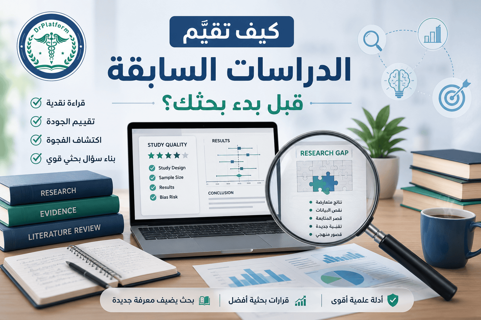 رسم توضيحي يوضح خطوات تقييم الدراسات السابقة، والقراءة النقدية للأدبيات العلمية، واكتشاف الفجوة العلمية قبل البدء في البحث.