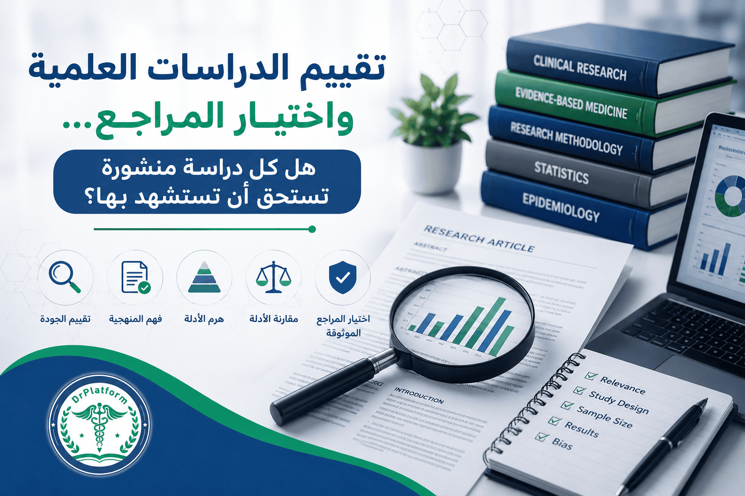 صورة تعبيرية لمقال تقييم الدراسات العلمية: هل كل دراسة منشورة تستحق أن تستشهد بها؟ توضح مفهوم هرم الأدلة العلمية واختيار المراجع الموثوقة ضمن سلسلة دليل تقييم الدراسات العلمية في منصة دكتور