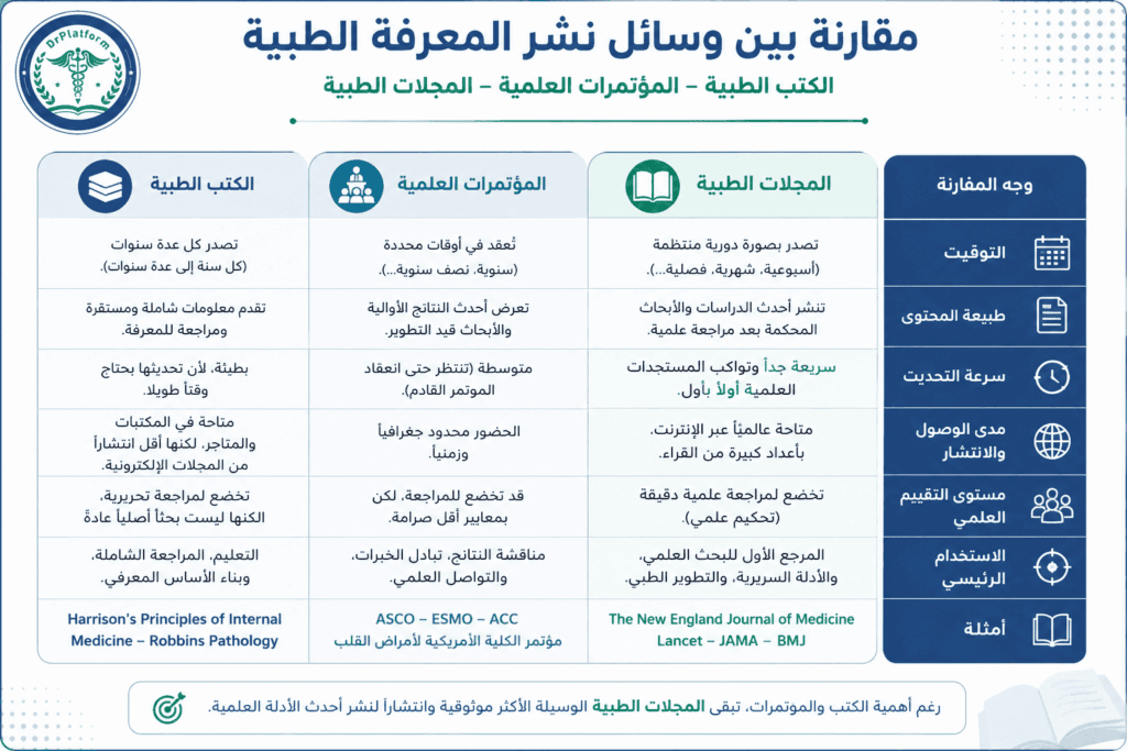 مقارنة بين الكتب الطبية والمؤتمرات العلمية والمجلات الطبية