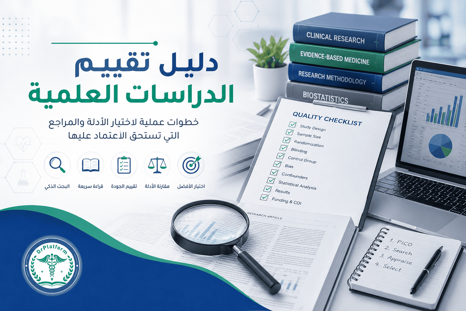 صورة تعبيرية لسلسلة دليل تقييم الدراسات العلمية توضح تقييم جودة الأبحاث العلمية، واختيار المراجع الموثوقة، والقراءة النقدية للدراسات، ضمن المحتوى الأكاديمي لمنصة دكتور.