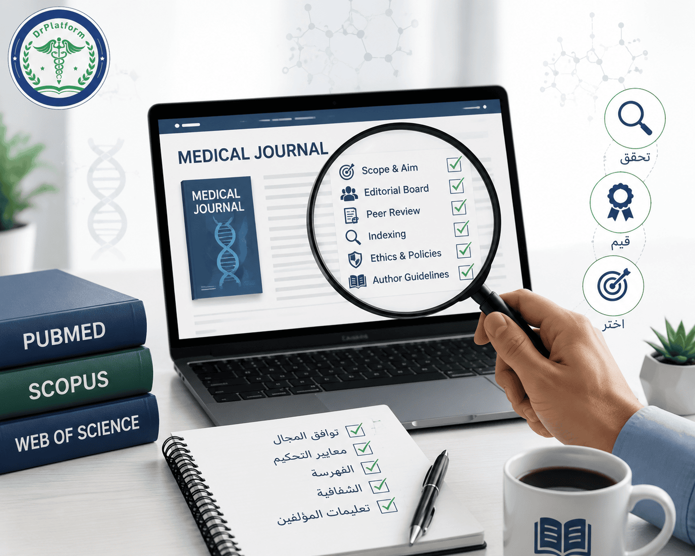 باحث يتحقق من مجلة طبية قبل النشر باستخدام قائمة تقييم وقواعد البيانات العلمية
