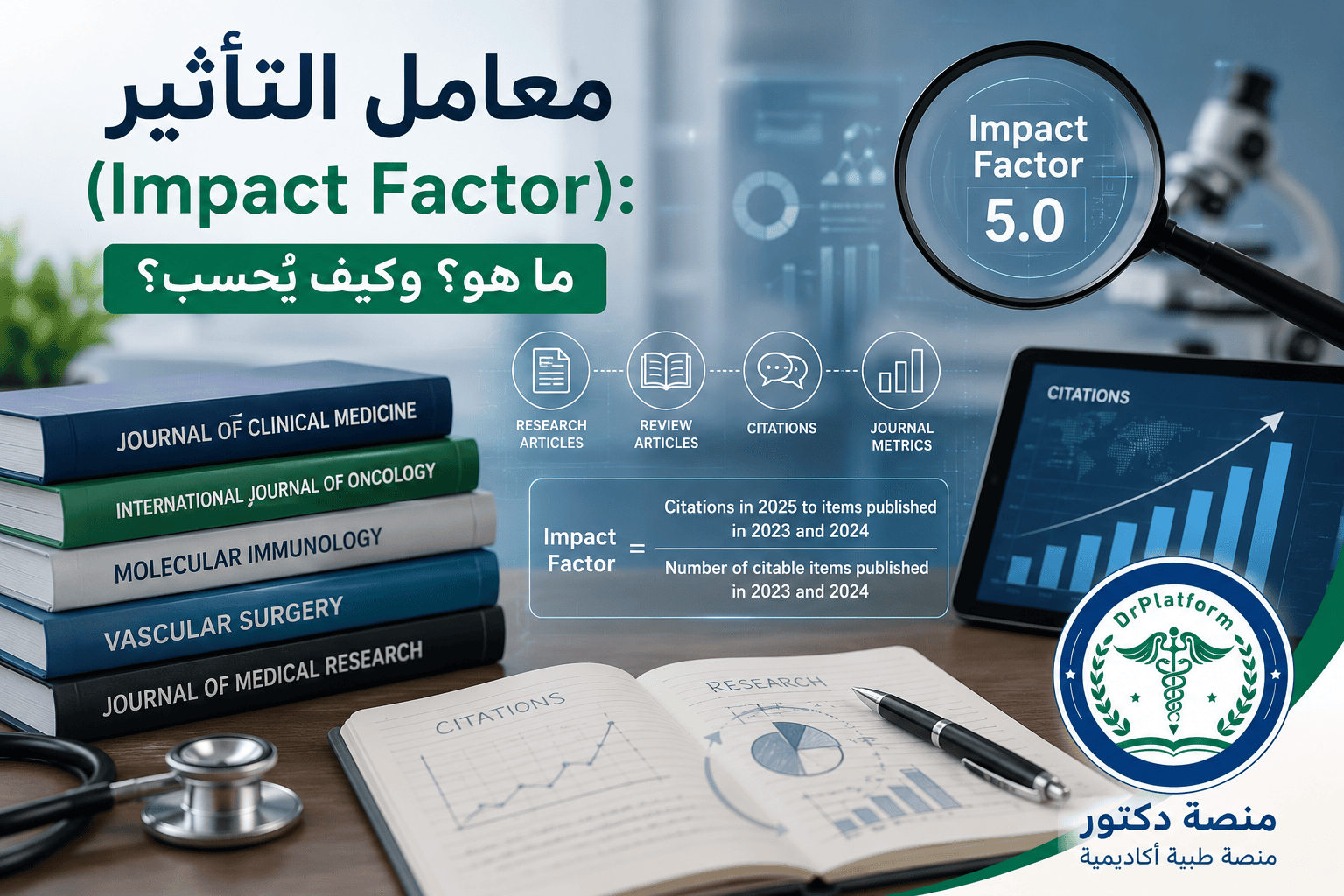 معامل التأثير (Impact Factor) أحد أشهر مؤشرات تقييم المجلات العلمية ويقيس متوسط عدد الاستشهادات بالمقالات المنشورة.