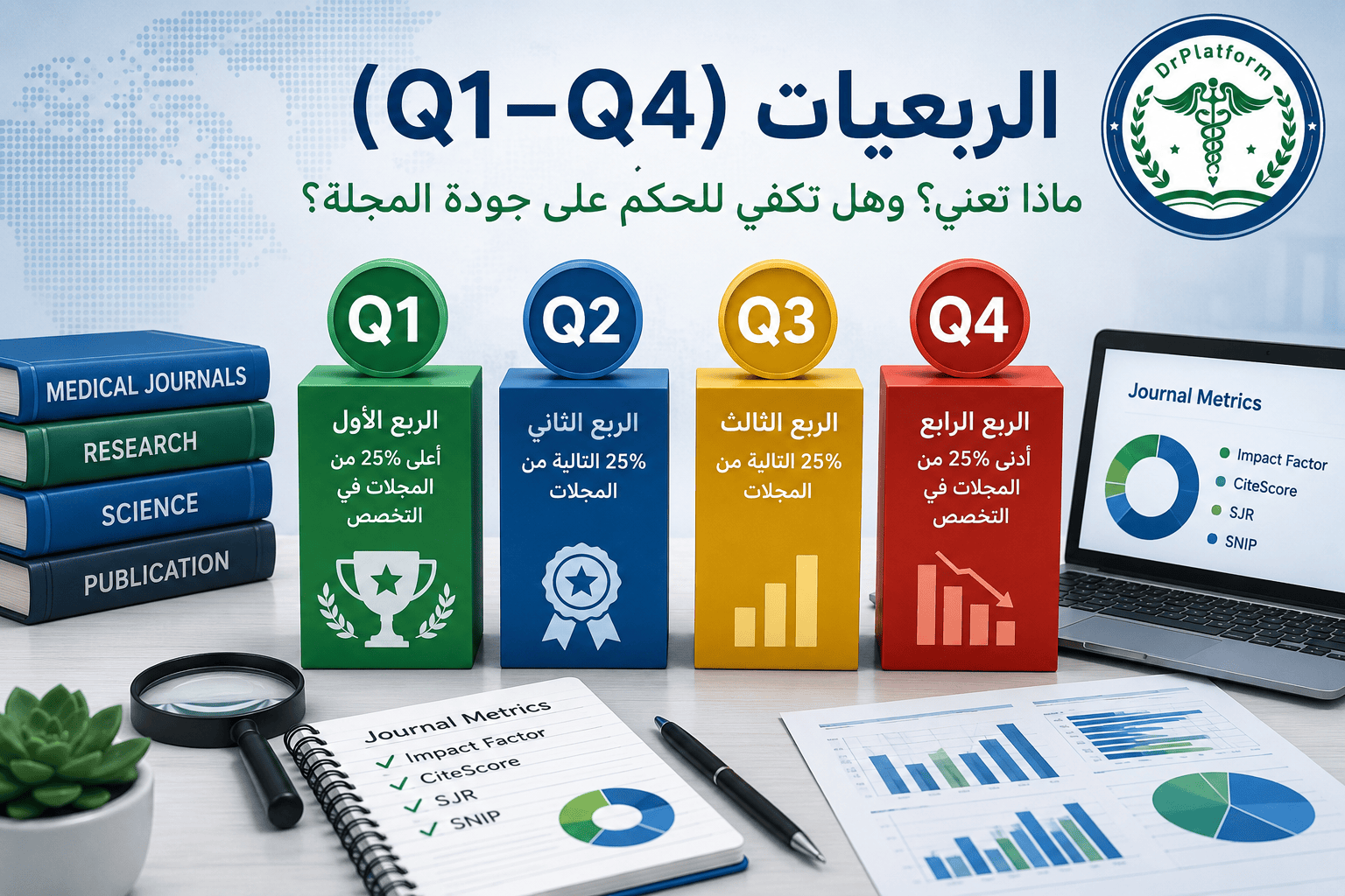 الربعيات Q1–Q4 المستخدمة في تصنيف المجلات العلمية وتوضيح ترتيب المجلات داخل التخصص.