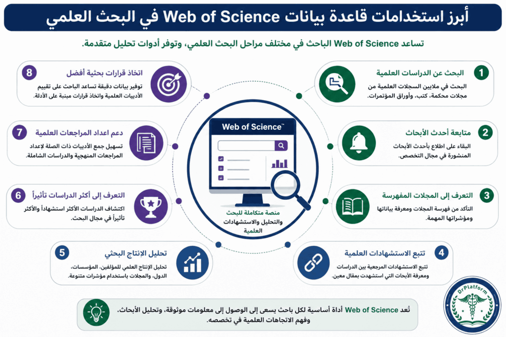 أبرز استخدامات قاعدة بيانات Web of Science في البحث العلمي وتحليل الاستشهادات.