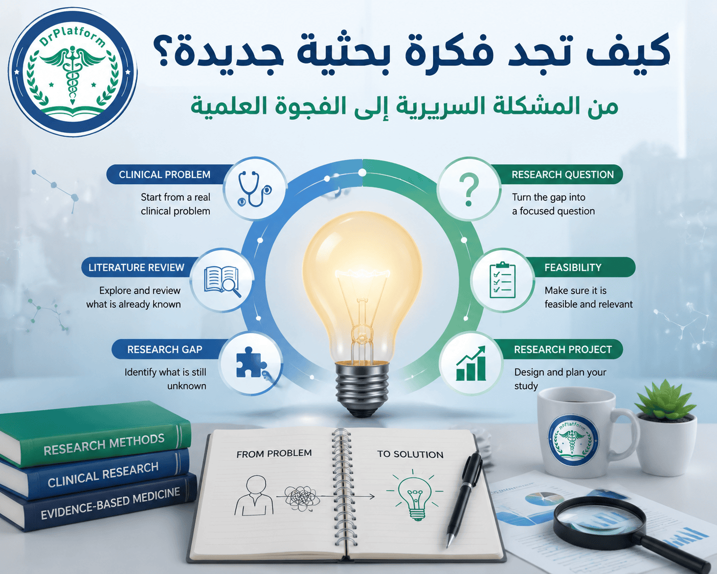 رسم توضيحي يشرح مراحل اختيار فكرة بحثية جديدة وتحويلها إلى مشروع بحثي منظم