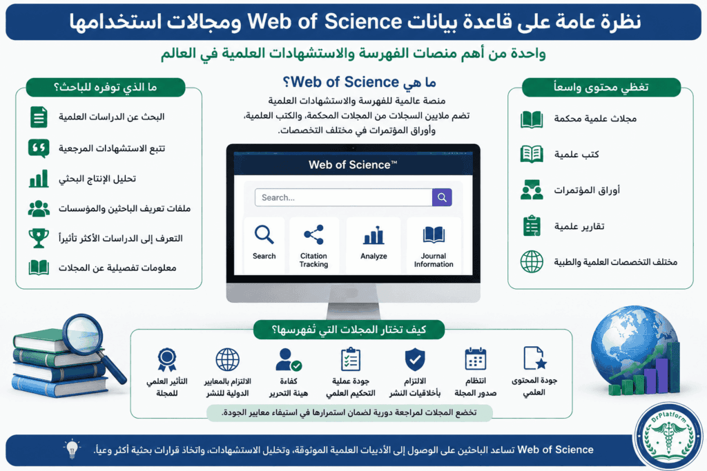نظرة عامة على قاعدة بيانات Web of Science ومجالات استخدامها في البحث العلمي.