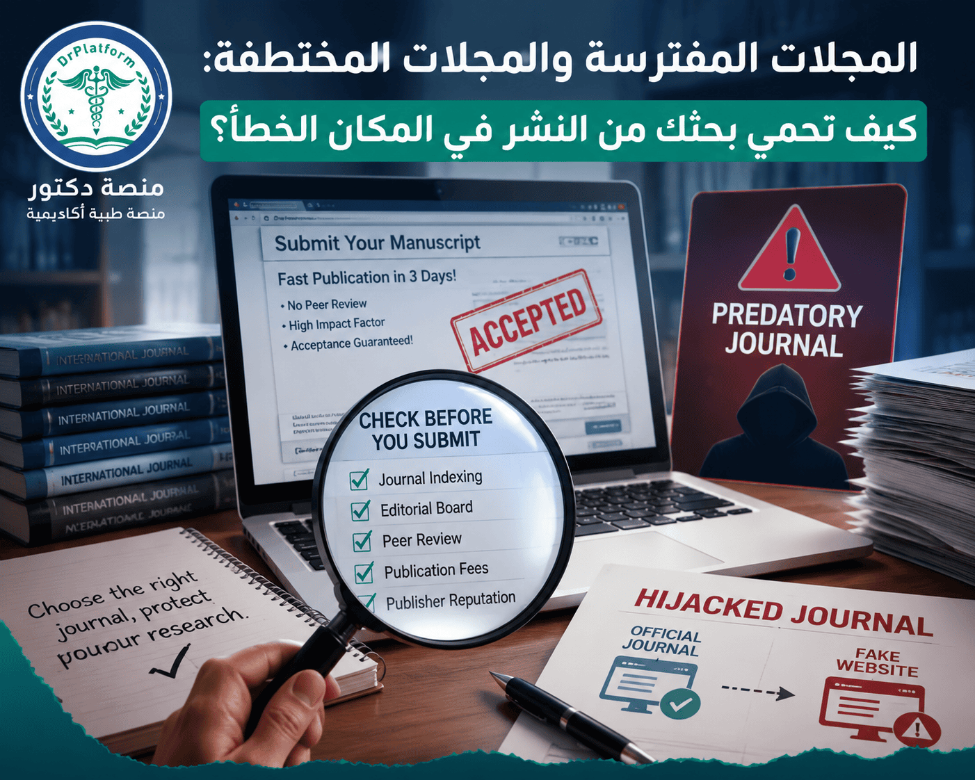 باحث يتحقق من موثوقية مجلة علمية قبل إرسال بحثه للنشر