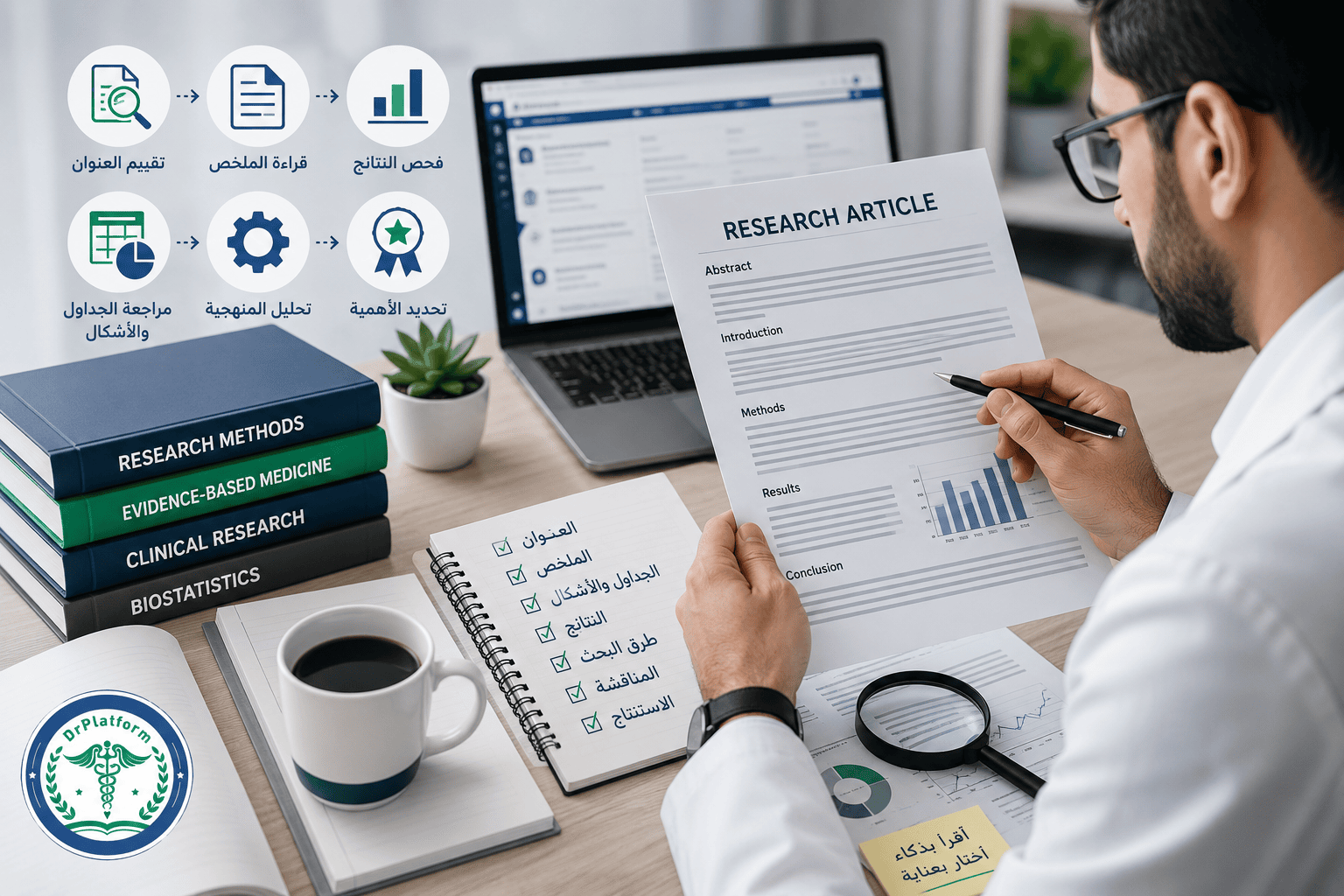 صورة تعبيرية توضح الطريقة المنهجية لقراءة الأوراق العلمية وتقييم أهميتها، مع التركيز على تحليل المنهجية والنتائج واختيار الدراسات التي تستحق القراءة.