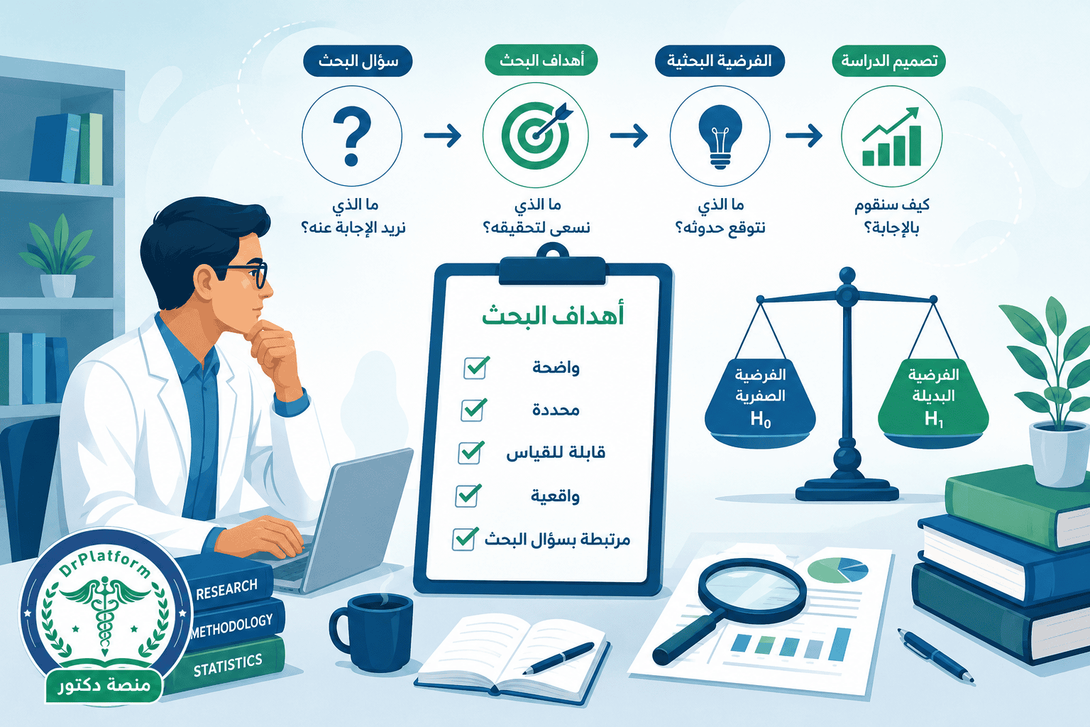 رسم توضيحي يشرح العلاقة بين سؤال البحث وأهداف البحث والفرضية البحثية وتصميم الدراسة ضمن خطوات إعداد المشروع البحثي.