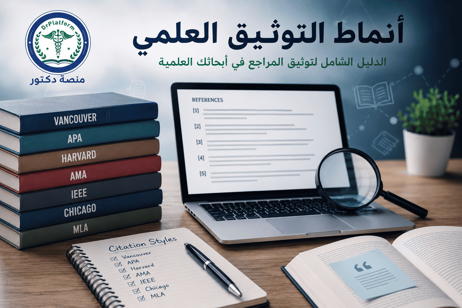 Arabic banner for scientific citation styles course showing DrPlatform logo, stack of citation books (Vancouver, APA, Harvard, AMA, IEEE, Chicago, MLA) and a laptop with references, magnifying glass, and a notebook labeled 'Citation Styles'.