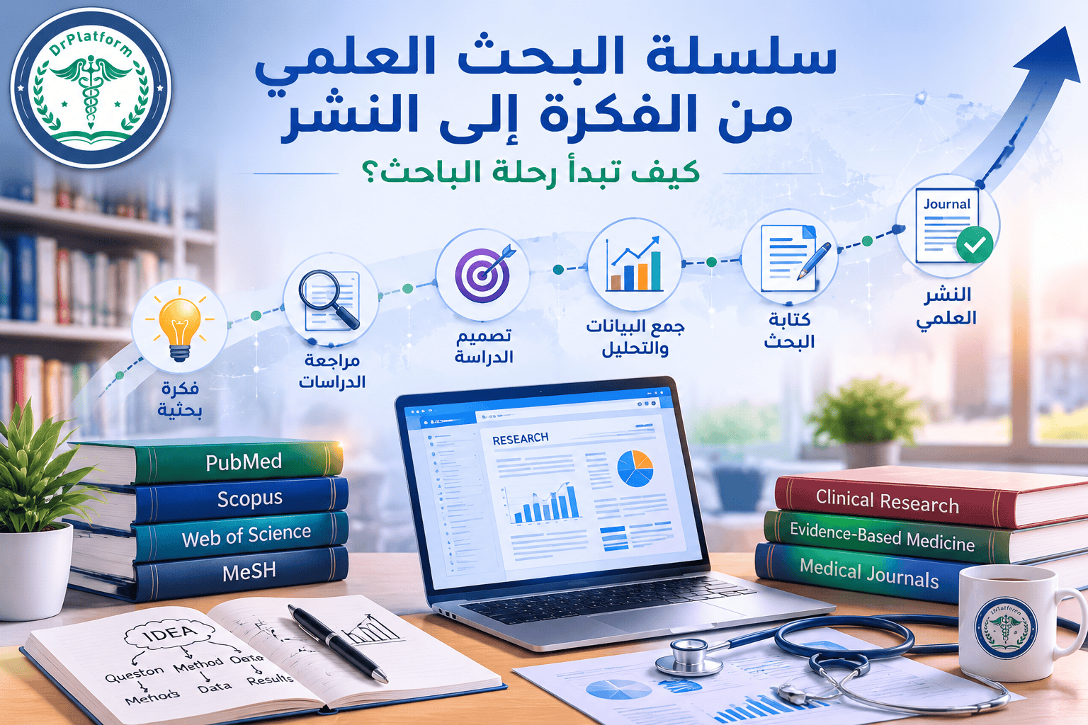رسم توضيحي يشرح مراحل البحث العلمي من الفكرة إلى النشر ضمن سلسلة تعليمية للباحثين