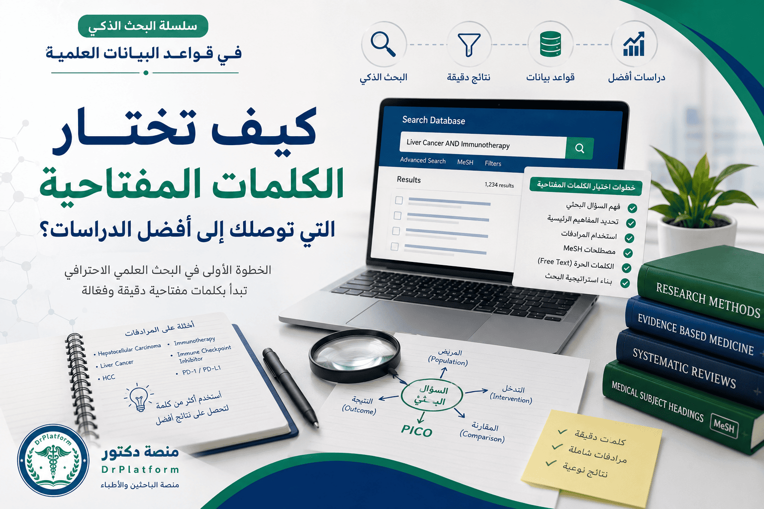 صورة لشاشة كمبيوتر محمول مع واجهة بحث قاعدة بيانات والكتب العلمية بجانبها وإطار يعبر عن البحث العلمي في البيانات الكمية والنصية.