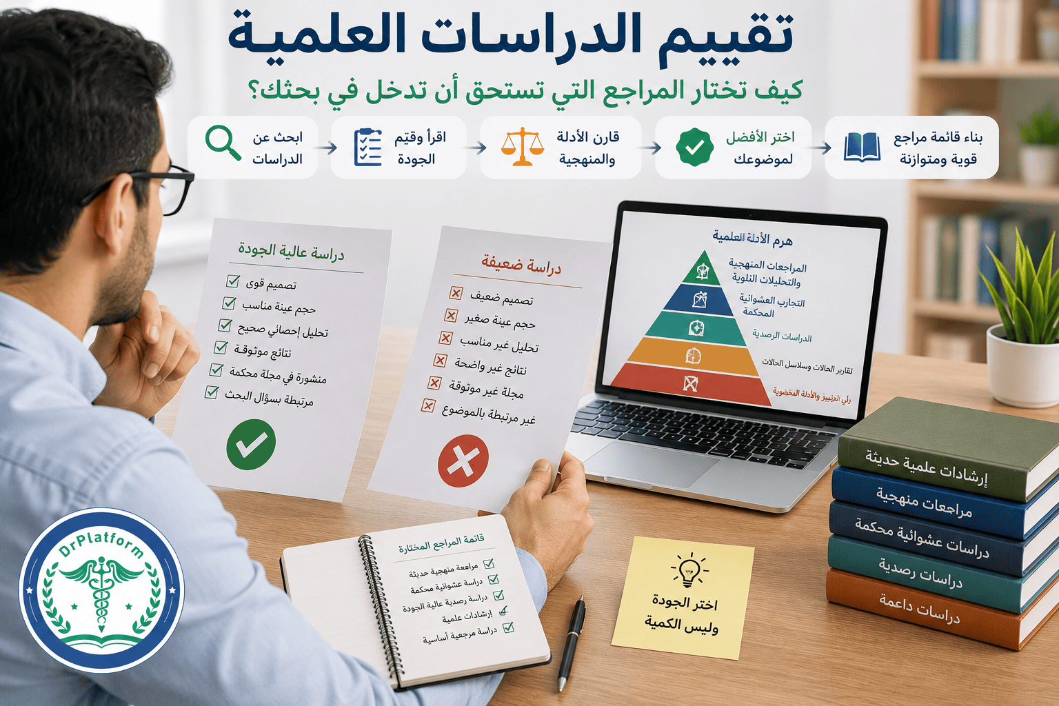 صورة تعبيرية تجسد عملية اختيار المراجع العلمية الموثوقة، من خلال تقييم الدراسات، ومقارنة الأدلة، وبناء قائمة مراجع قوية تعتمد على أفضل الأدلة العلمية.