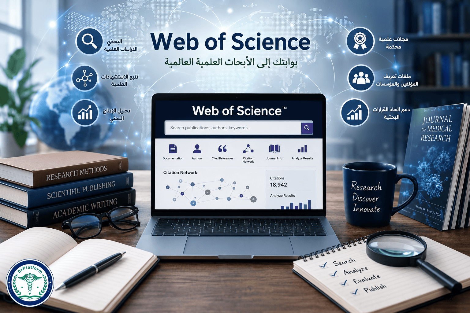 قاعدة بيانات Web of Science ودورها في فهرسة الدراسات العلمية وتحليل الاستشهادات والبحث في المجلات الطبية.