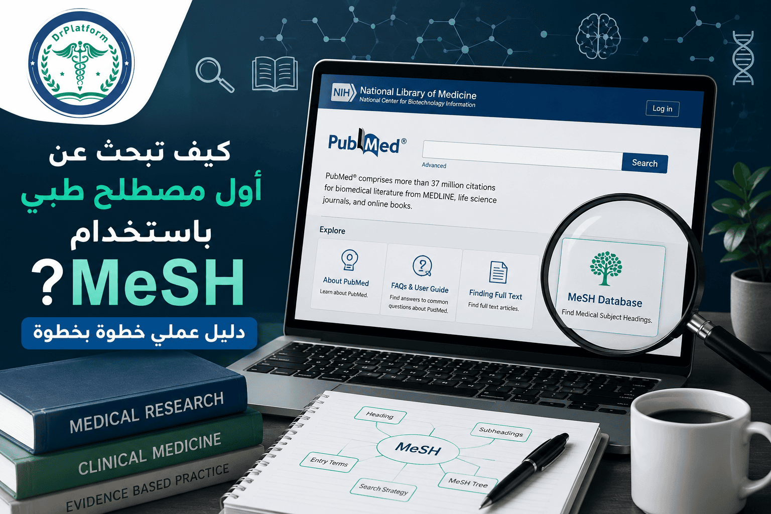 Arabic banner promoting step-by-step MeSH search for medical literature with a laptop and magnifying glass highlight on MeSH Database.