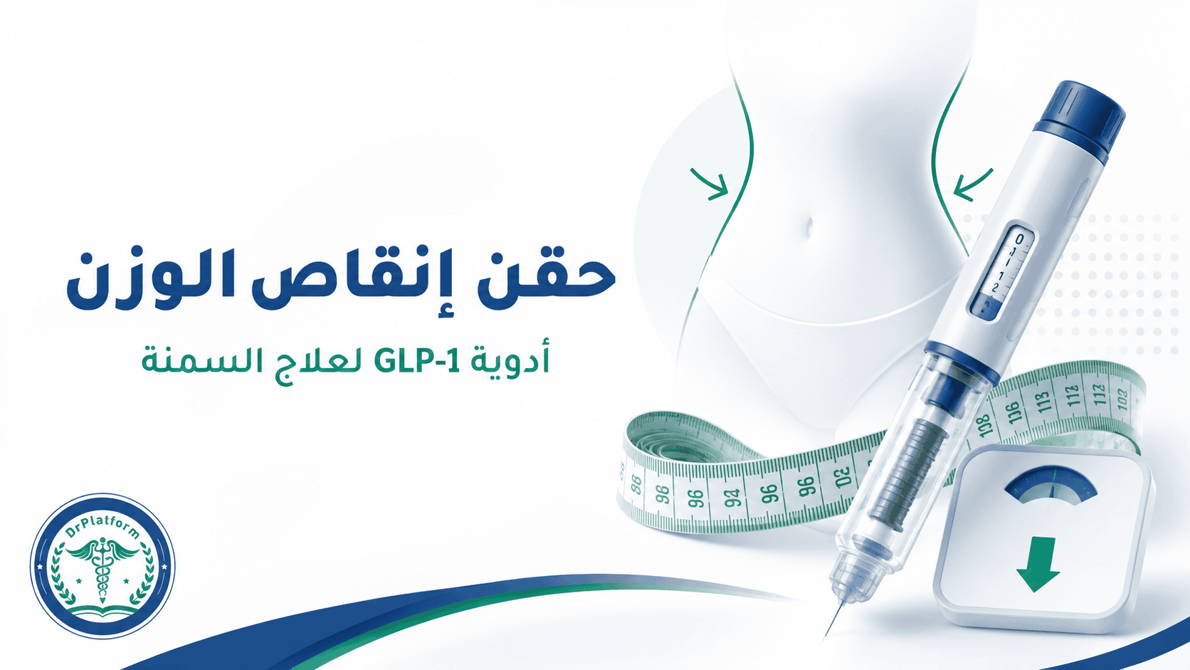تصوير توعوي لحقن لإنقاص الوزن مع شريط قياس ومخطط جسم لتسليط الضوء على علاج السمنة بـ GLP-1 في إعلان صحي بالعربية.