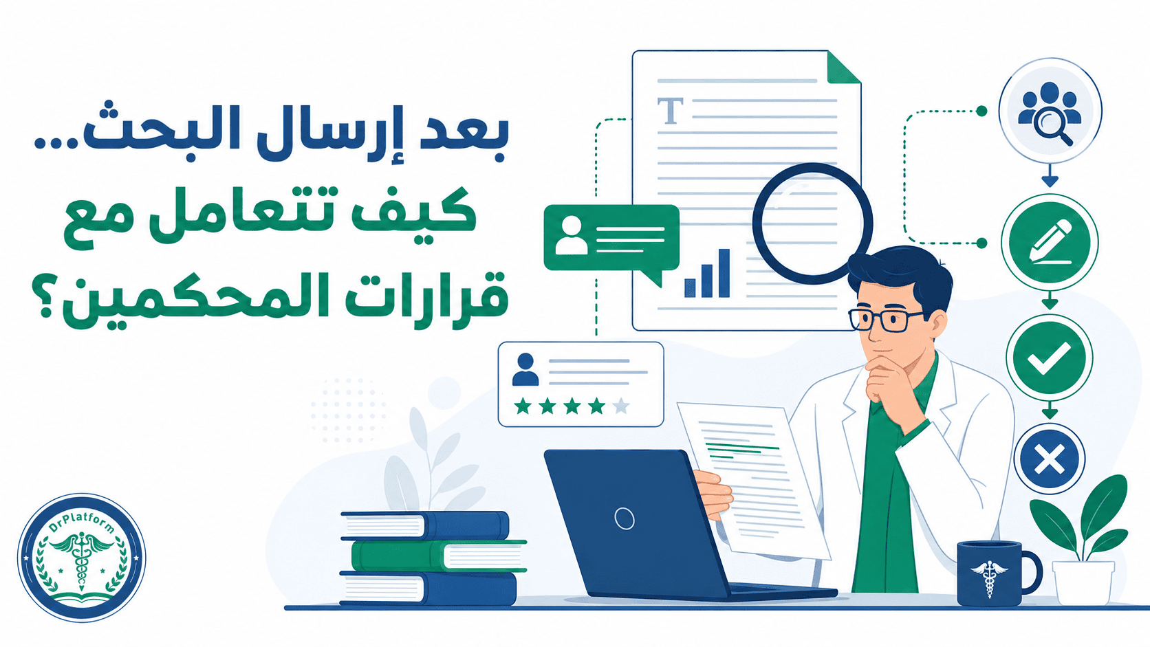 صورة توضيحية لباحث يراجع تعليقات المحكمين وبيانات المخطوطة بعد إرسال البحث إلى المجلة العلمية