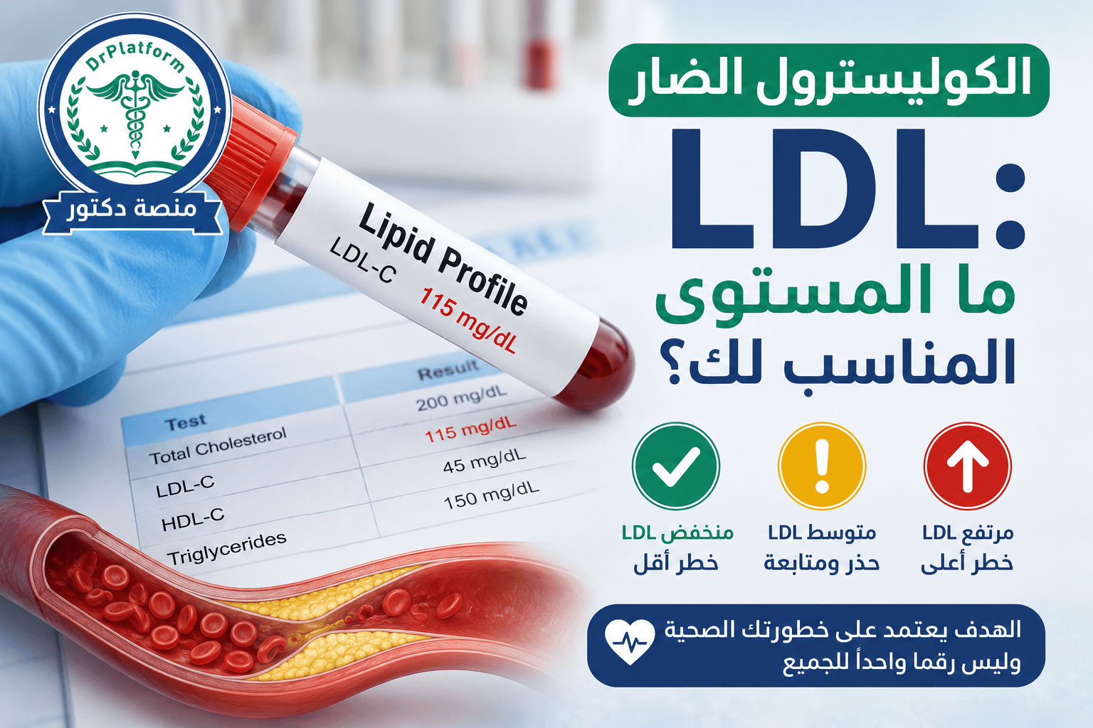 الكوليسترول الضار LDL والمستوى المناسب بحسب خطورة أمراض القلب والشرايين